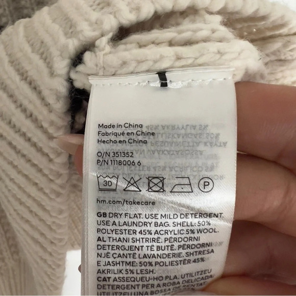 H&M White Black Wool Mix Fringe Trimmed Jacquard  Knit Jumper size L - Picture 5 of 7